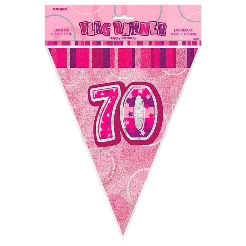 Happy Pink Sparkling 70th Birthday pennant chain 365cm