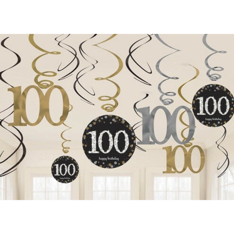 12 golden 100th birthday spiral hangers 45cm