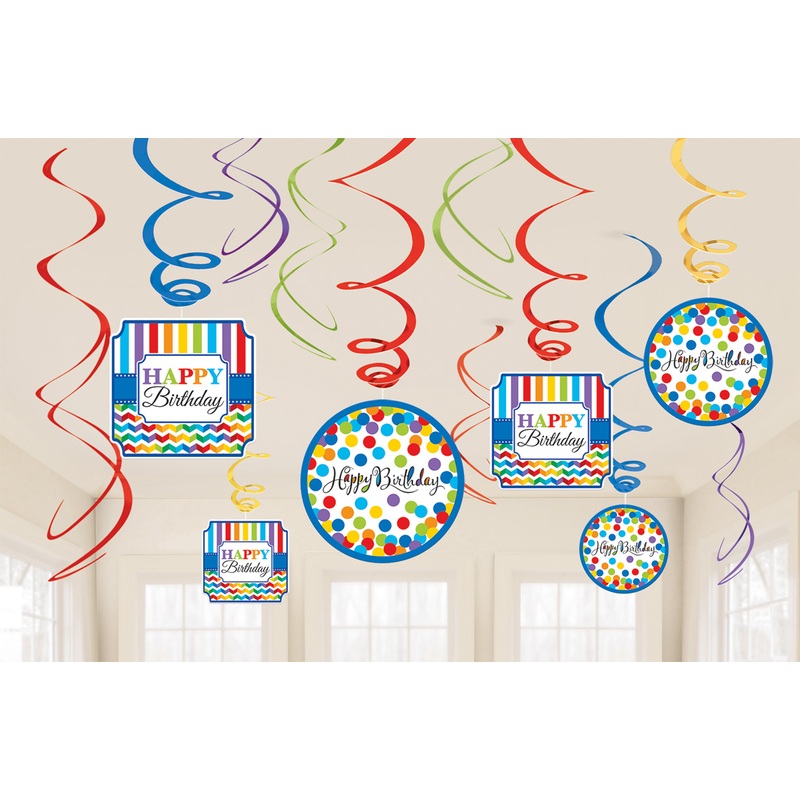 12 Rainbow Birthday spiral hangers 60cm