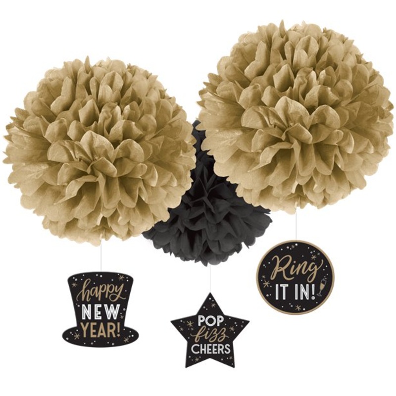 3 New Year's pompom hanger black gold