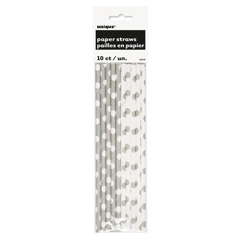 10 dotted paper straws gray white