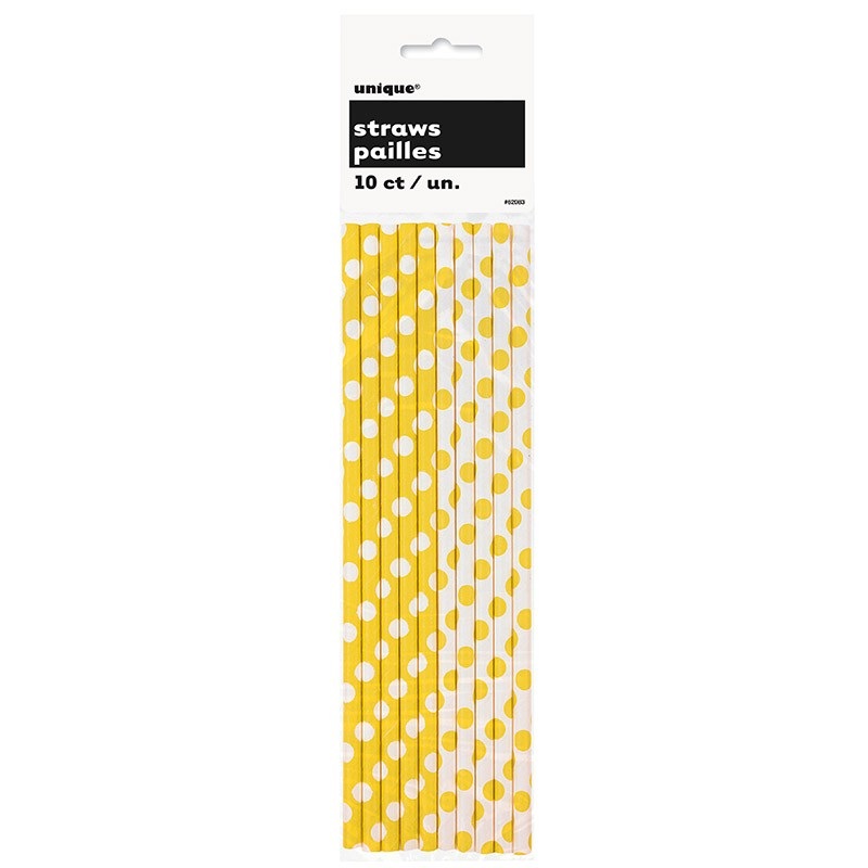 10 dotted paper straws yellow white