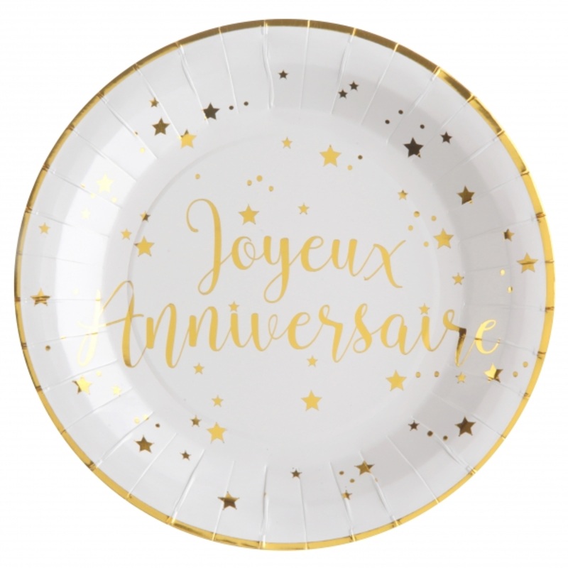 10 Joyeux Anniversaire paper plates white-gold 22.5cm