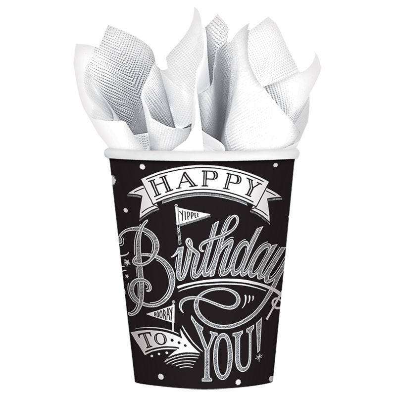 18 Black & White Birthday paper cups 266ml