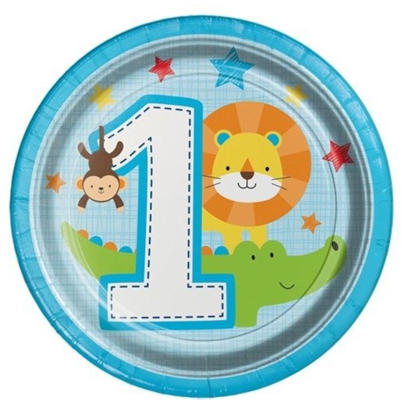 8 animal 1st birthday paper plates blue 18cm