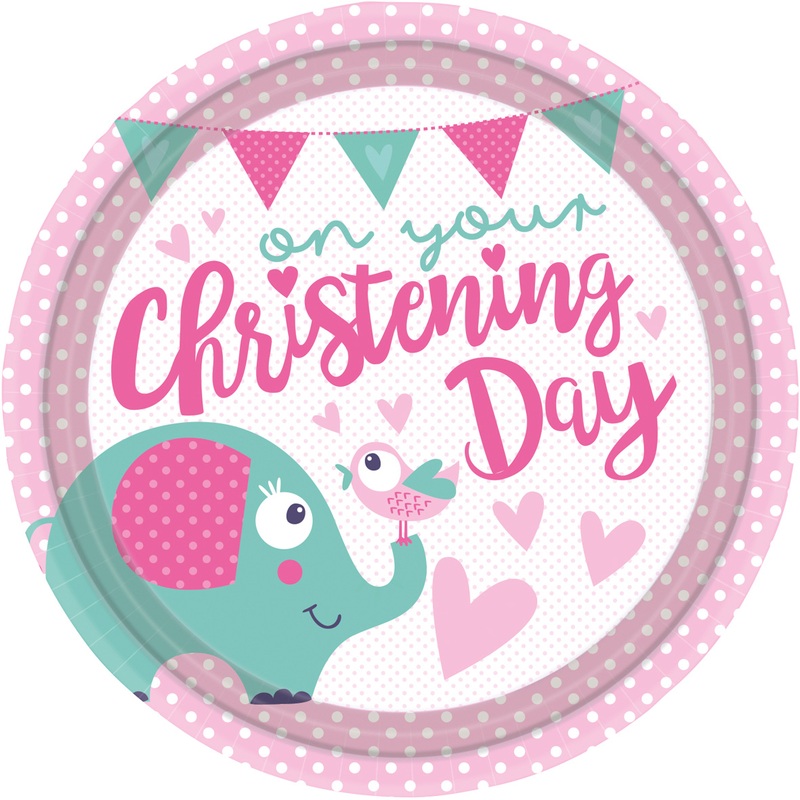 8 Christening Day paper plates pink 23cm