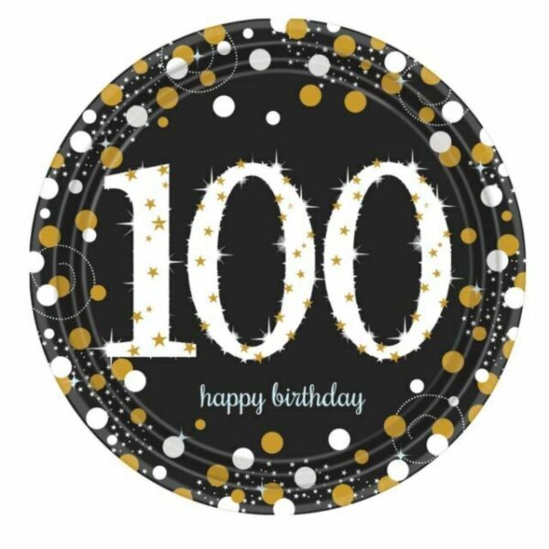 8 golden 100th birthday paper plates 23cm