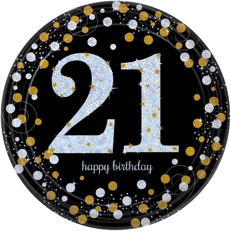 8 golden 21st birthday paper plates 23cm