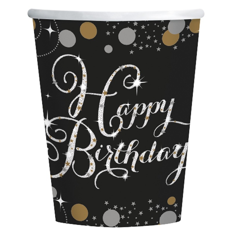 8 Happy Birthday Paper Cups Black 266ml
