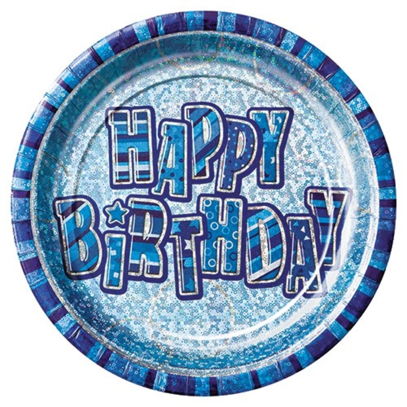 8 Happy Blue Sparkling Birthday paper plates 23cm