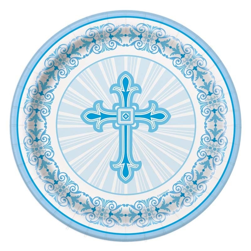 8 paper plates be blessed cross blue 18cm