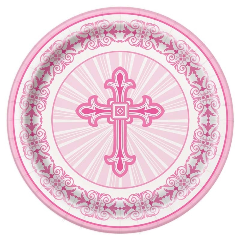 8 paper plates Be Blessed Cross Pink 23cm