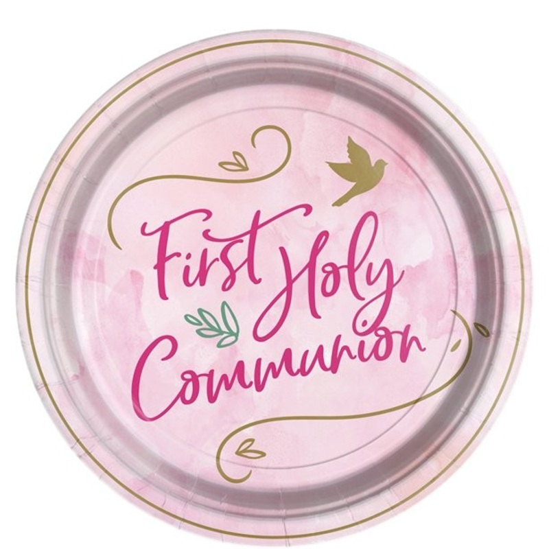 8 pink communion paper plates 23cm