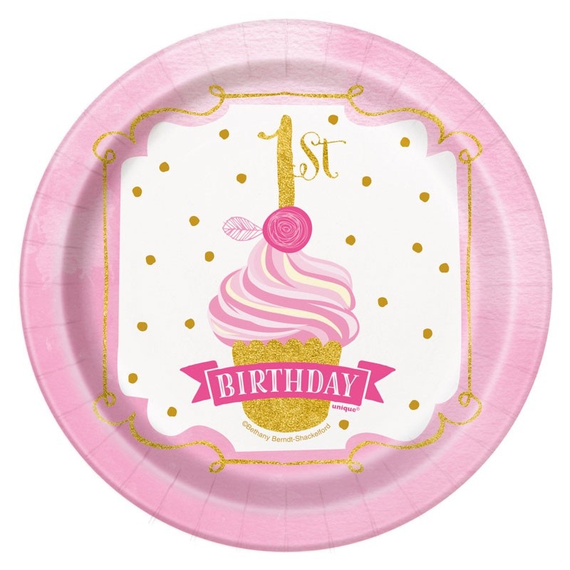 8 Princess Alice 1st birthday paper plates pink 18cm