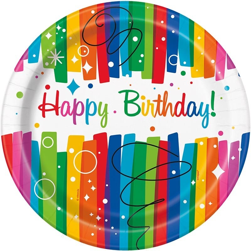 8 Rainbow Swirl Happy Birthday paper plates 23cm