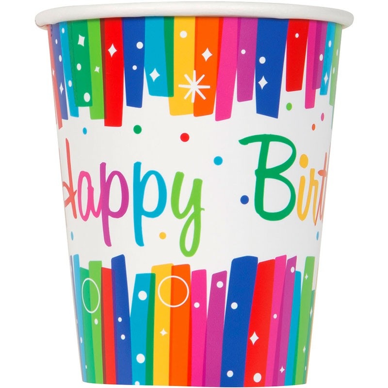 8 Rainbow Swirl paper cups Happy Birthday 266ml