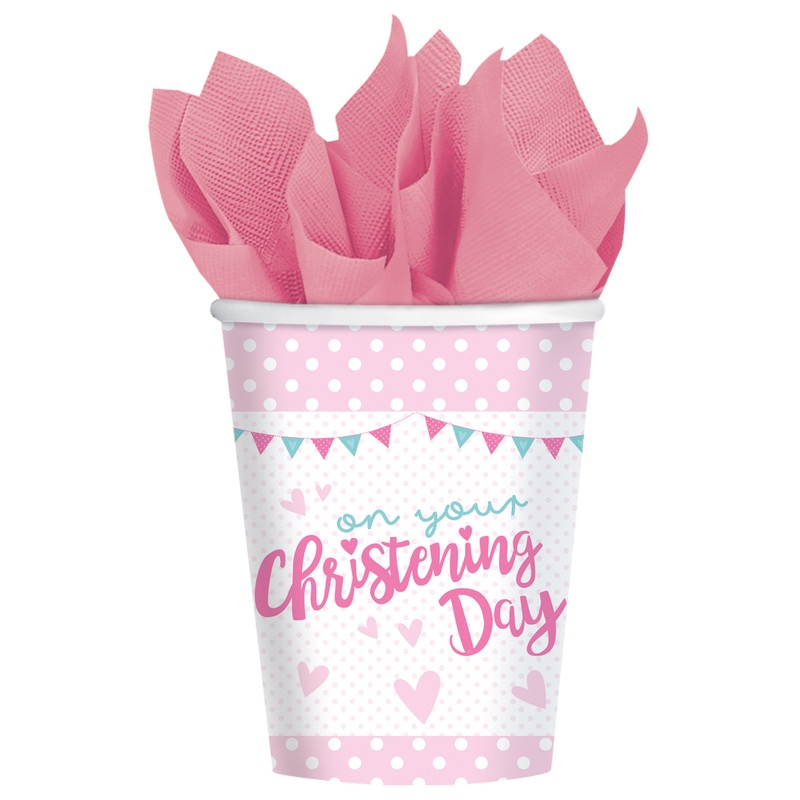 8 Christening Day paper cups pink 266ml