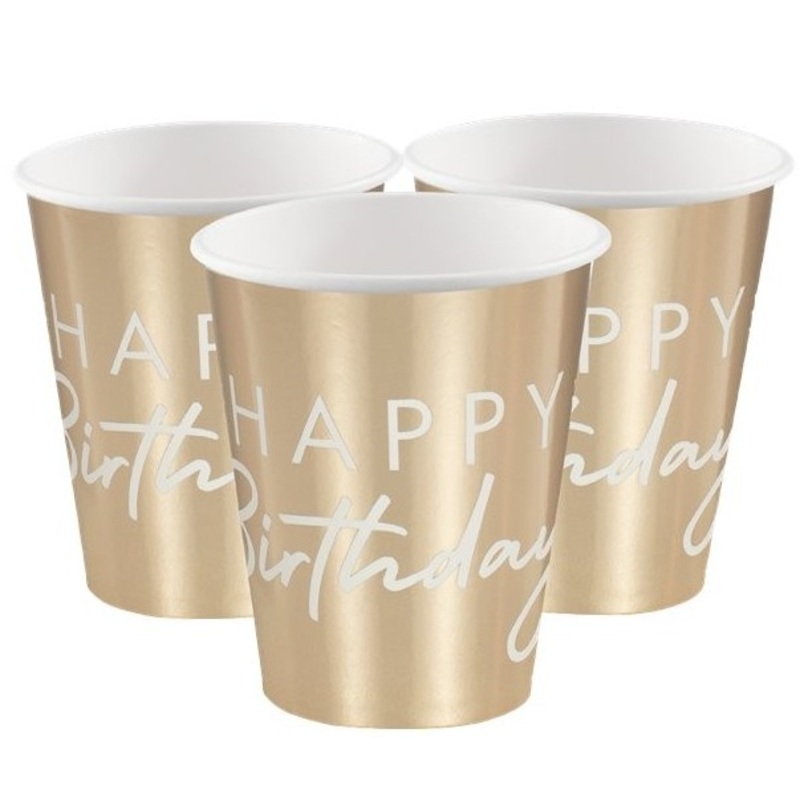 8 Happy Birthday paper cups gold metallic 260ml