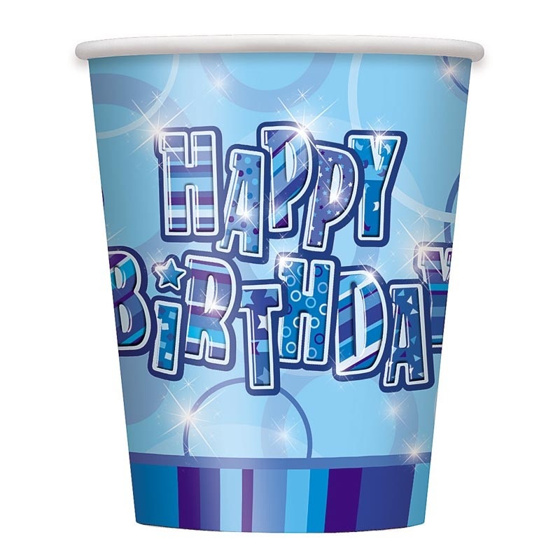 8 Happy Blue Sparkling Birthday paper cups 266ml