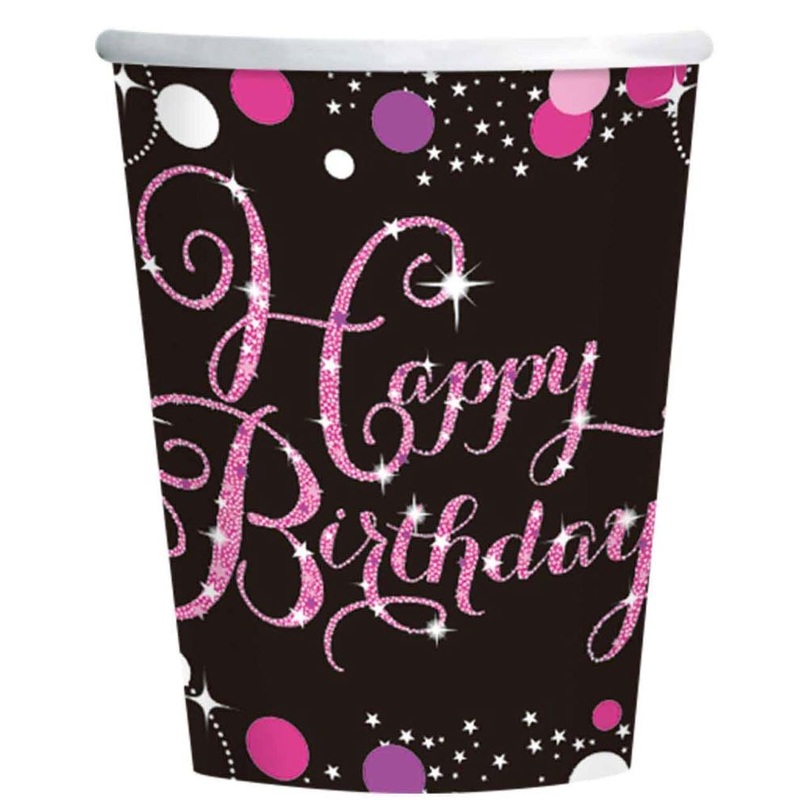 8 Pink Happy Birthday paper cups 250ml