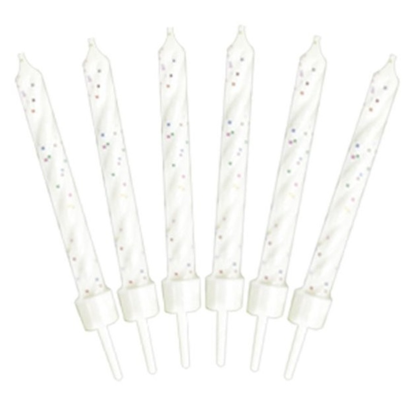 10 white spiral cake candles with glitter
