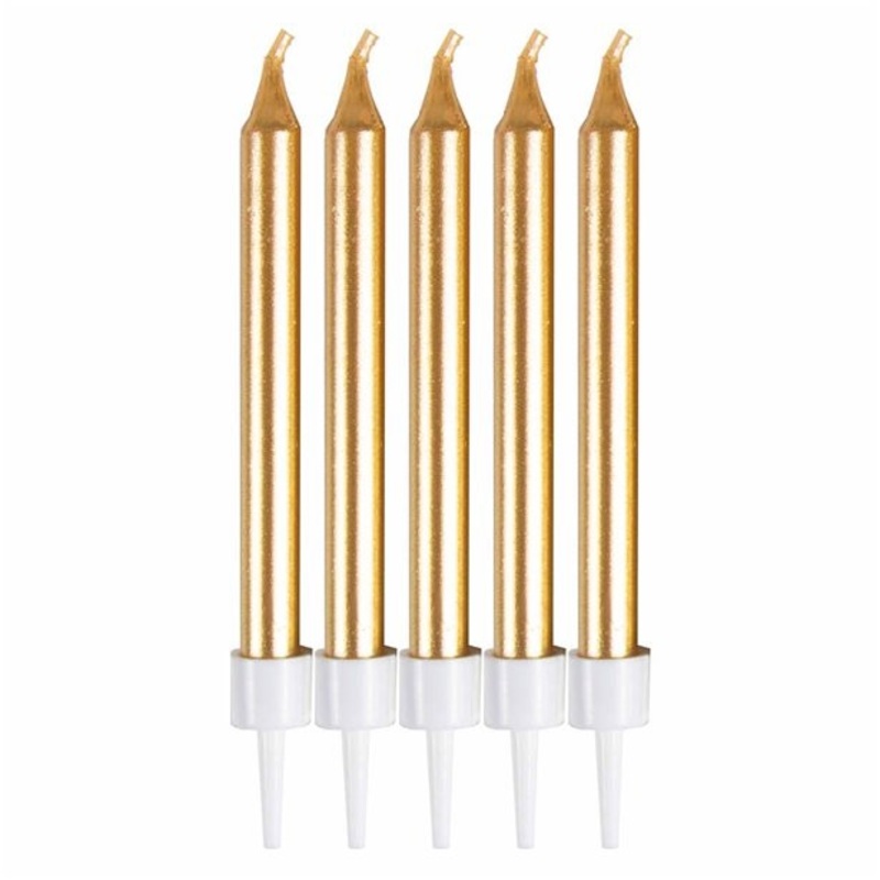 12 cake candles in gold 6cm