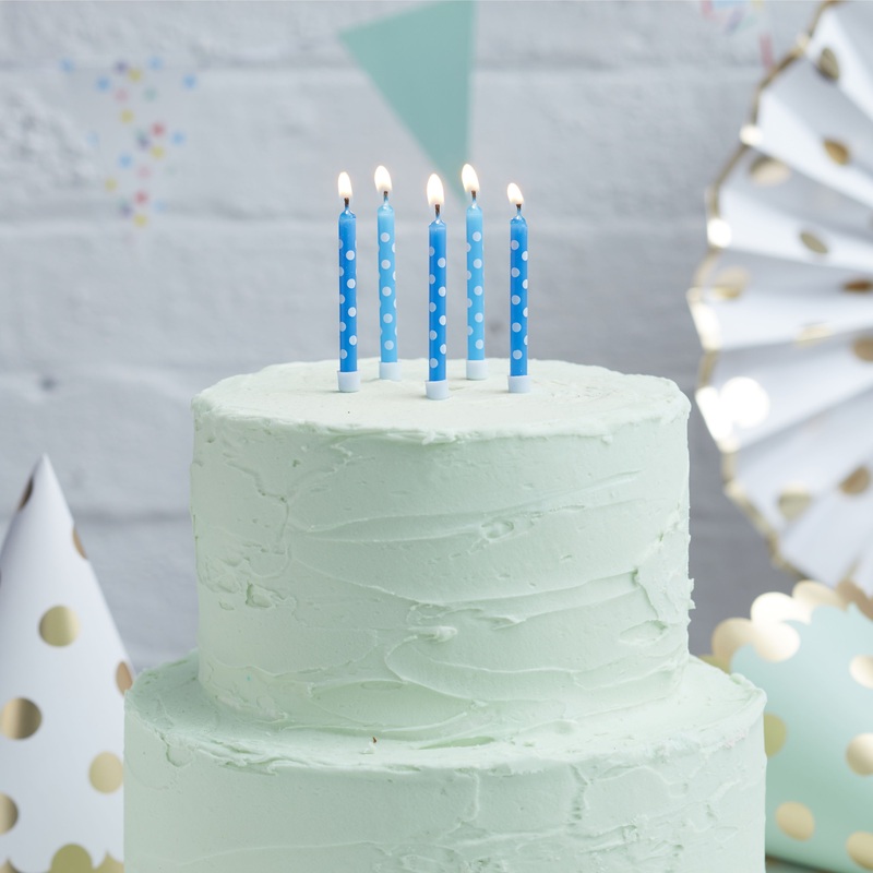 24 blue mix & match dots cake candles 6cm