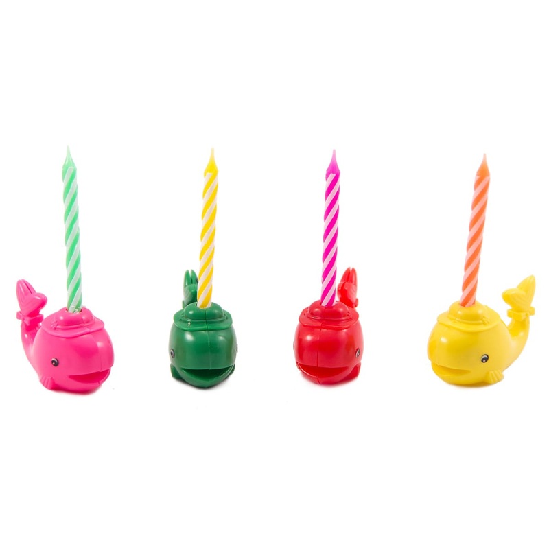 4 colorful whales with 8 candles
