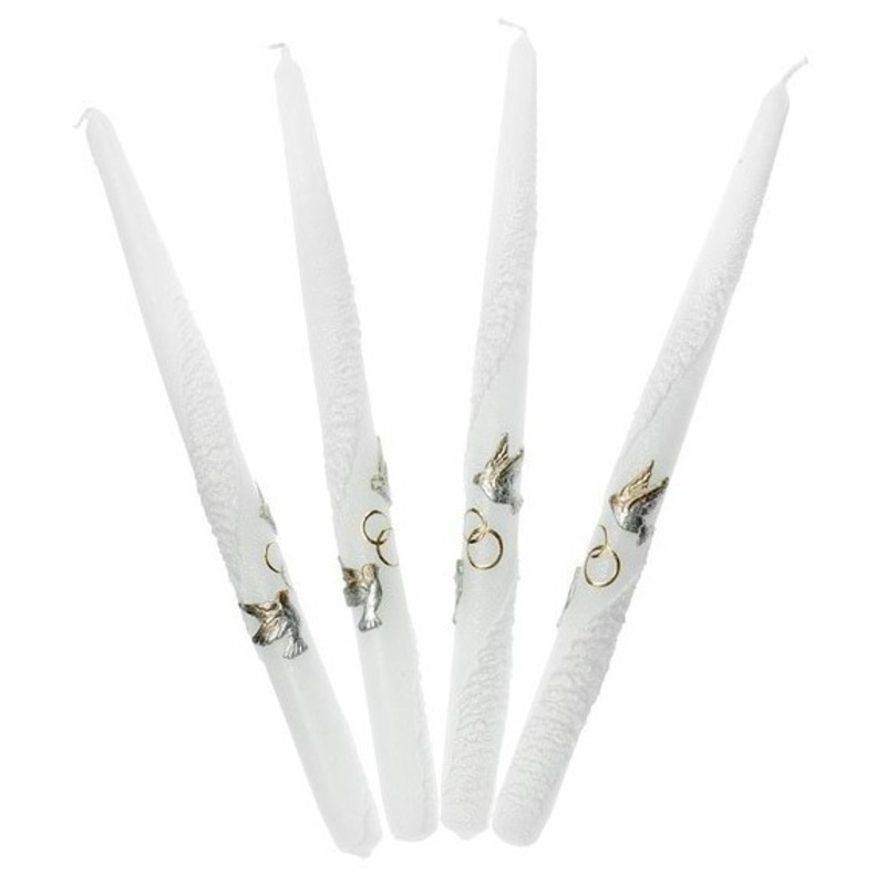 4 white wedding candles with doves and rings