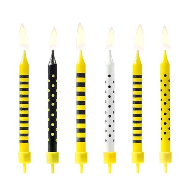 6 birthday candles bees including holders 6cm