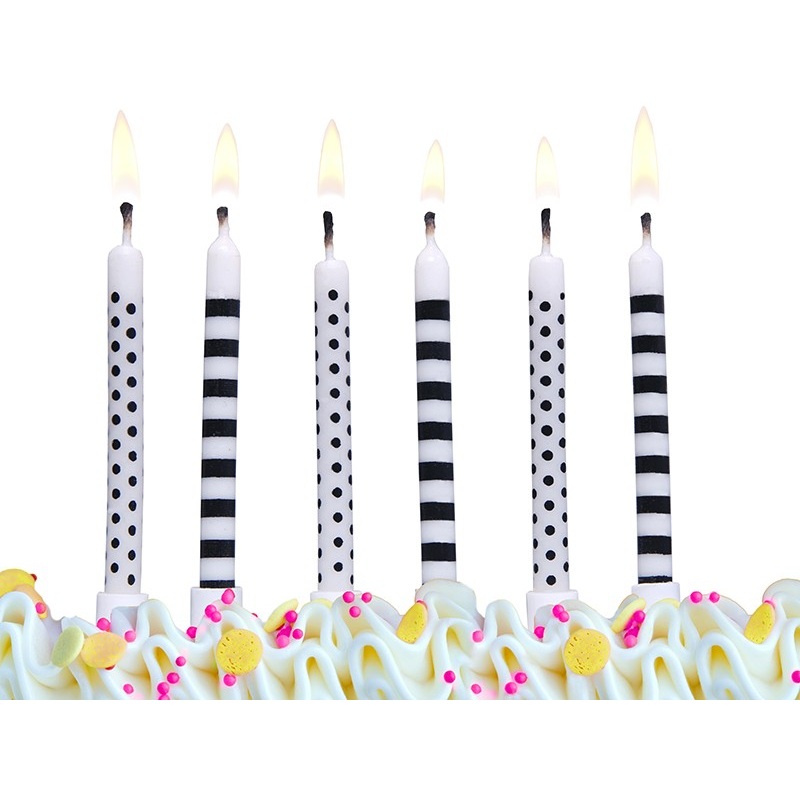 6 cake candles in mixed design with holder 6.5cm