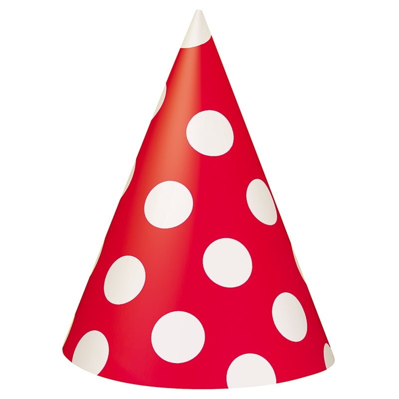 8 party hats Tiana red dotted 15cm