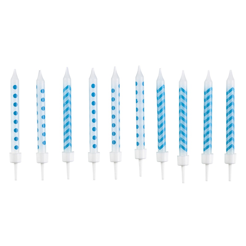 Cake candle white with Caribbean blue pattern Including holder 10 pieces