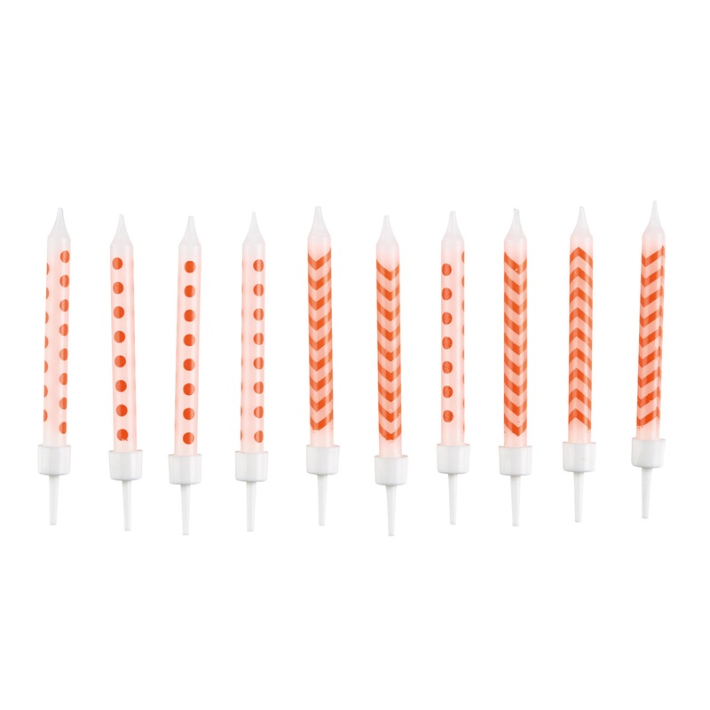 Cake candle white with orange pattern including holder 10 pieces