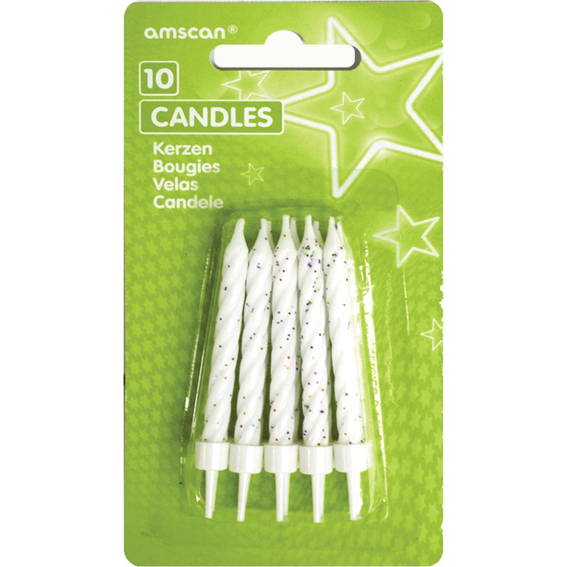10 Glitter Cake Candles Including Holders White