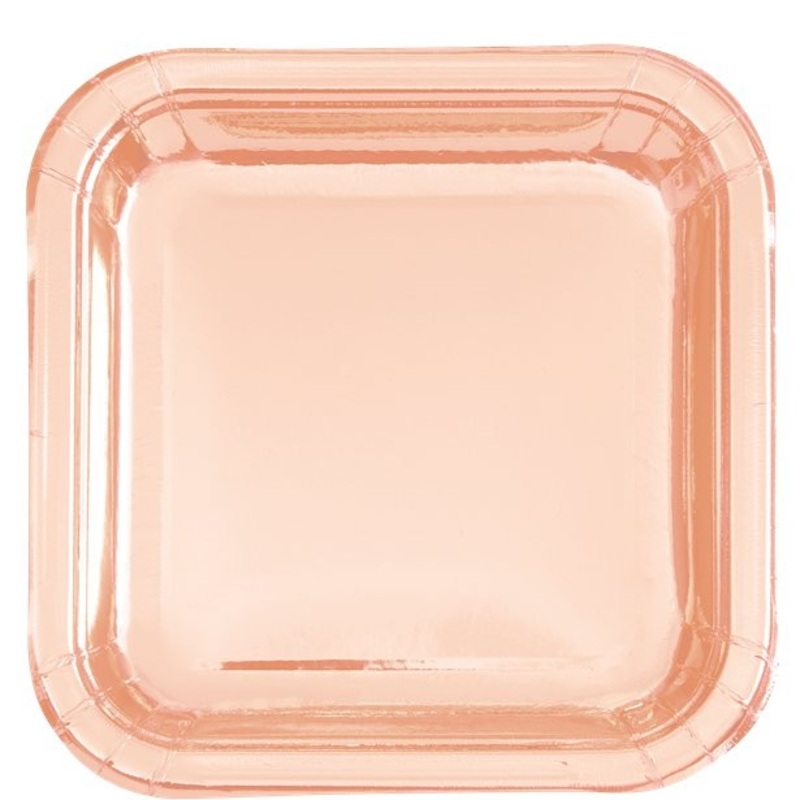 8 square party plates rose gold metallic 23cm