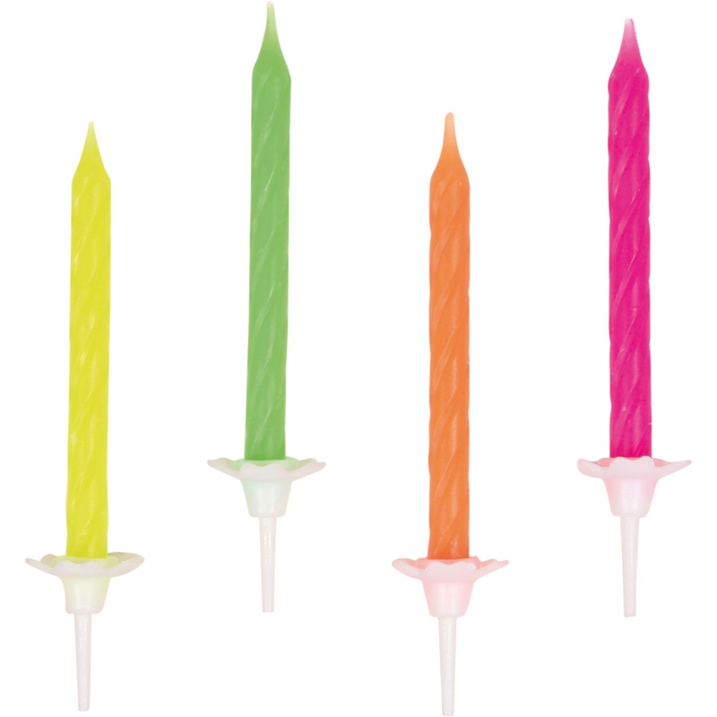 Colorful neon cake candles with holder 10 pieces