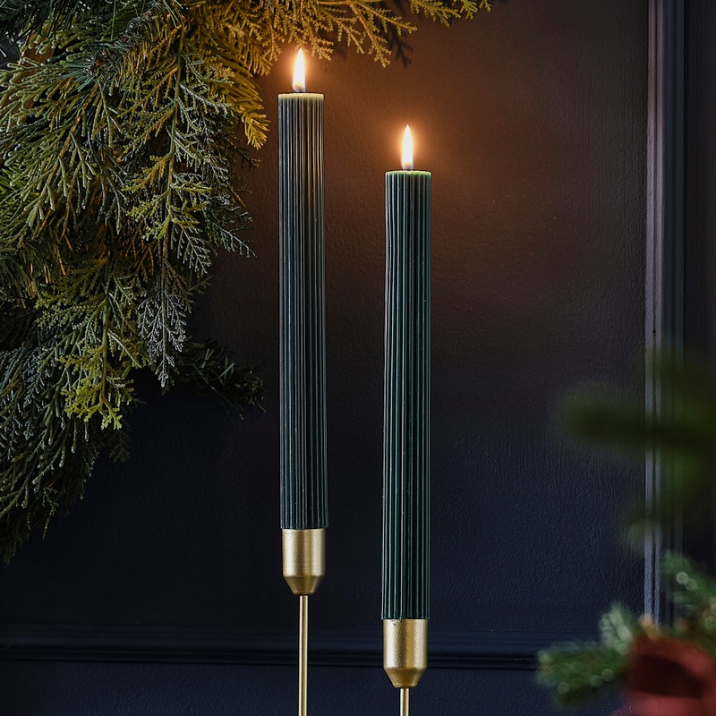 2 Deep Green ribbed candles 27cm