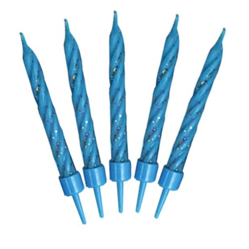 10 glitter cake candles blue 8cm