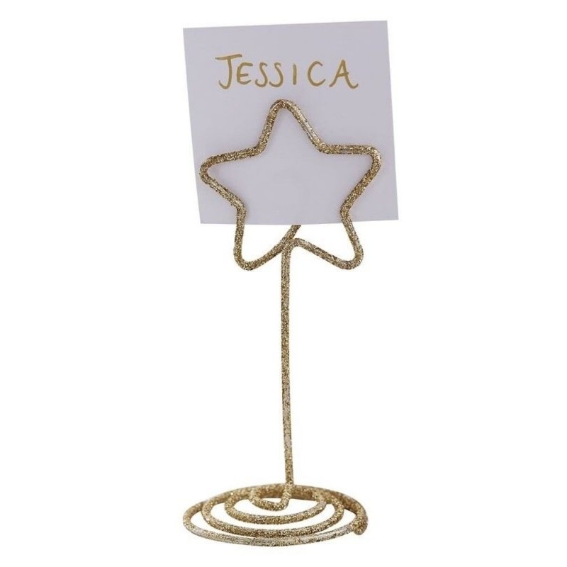 6 Golden Christmas star place card holders 9cm