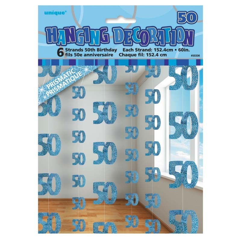 Happy Blue Sparkling 50th Birthday hanging decoration