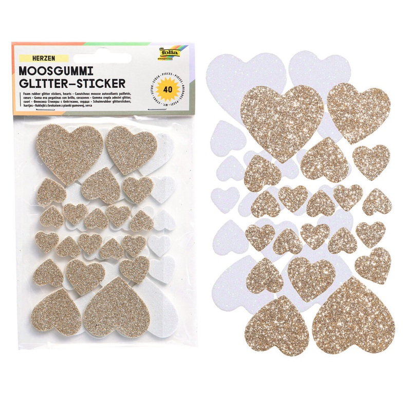 Moosgummi Glittersticker Herzen wei/gold 40 Stck