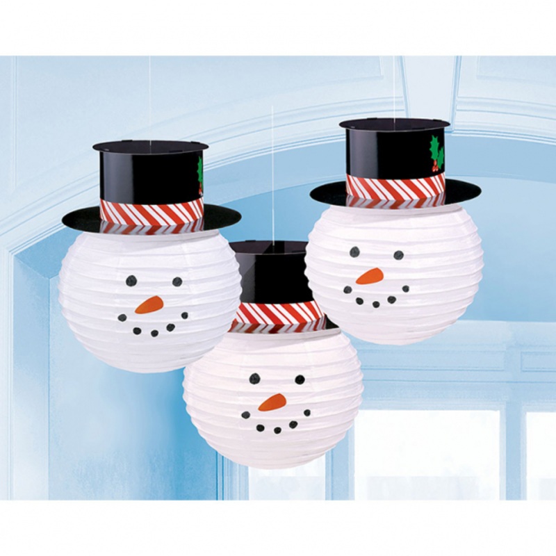 3 Happy Snowman Lanterns 24cm