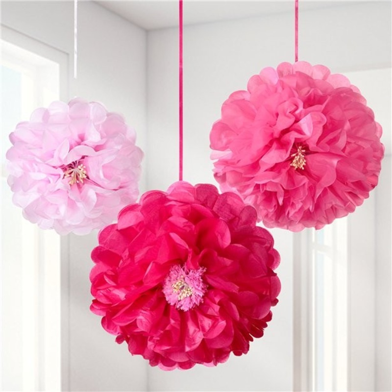 3 pink pompom flower hangers