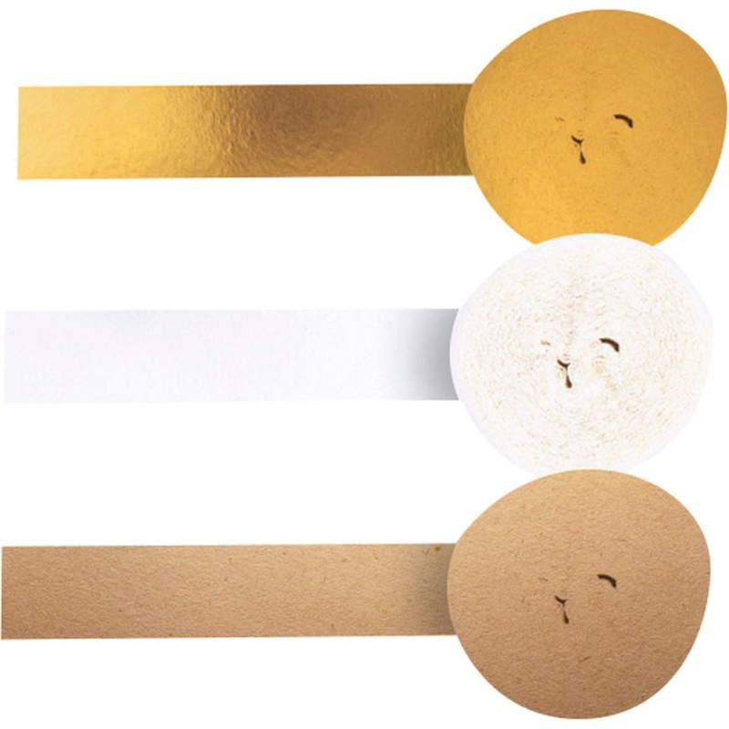 3 rolls of crepe paper white and gold 10m