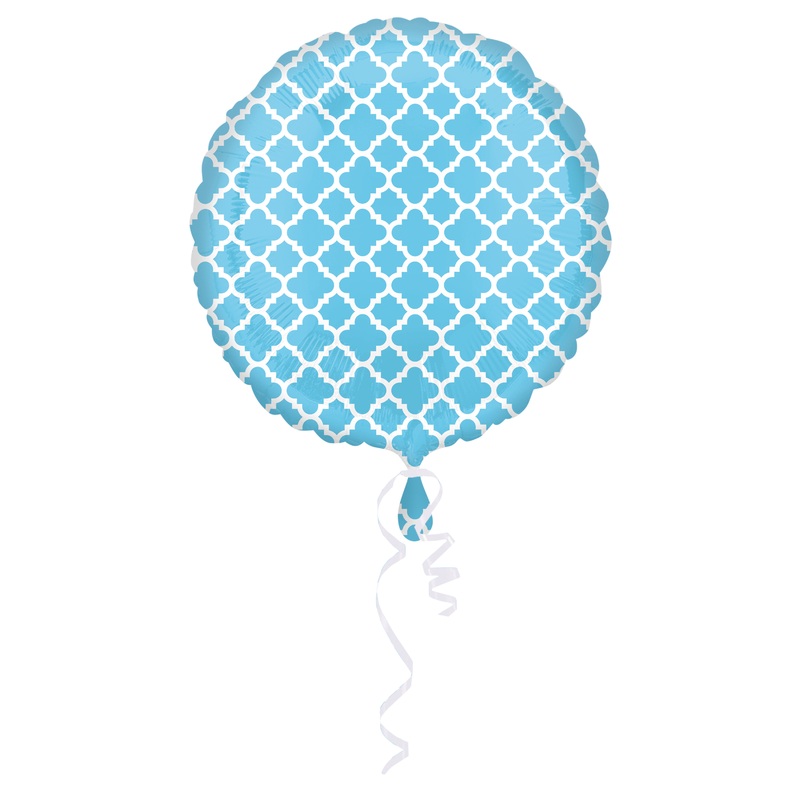 Round foil balloon light blue and white patterned