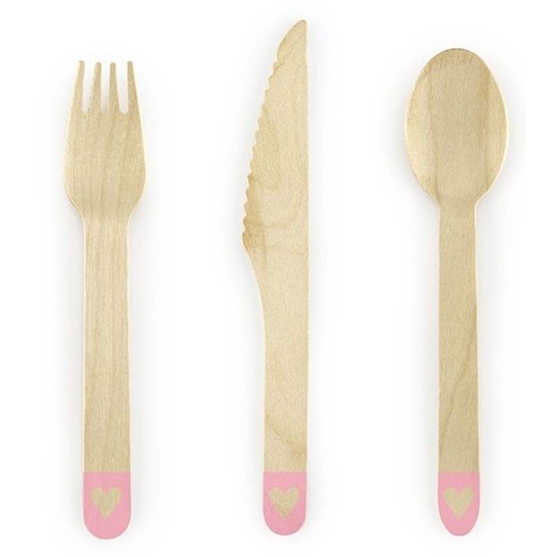 Wooden cutlery sweetheart with pink handles, 18 pieces