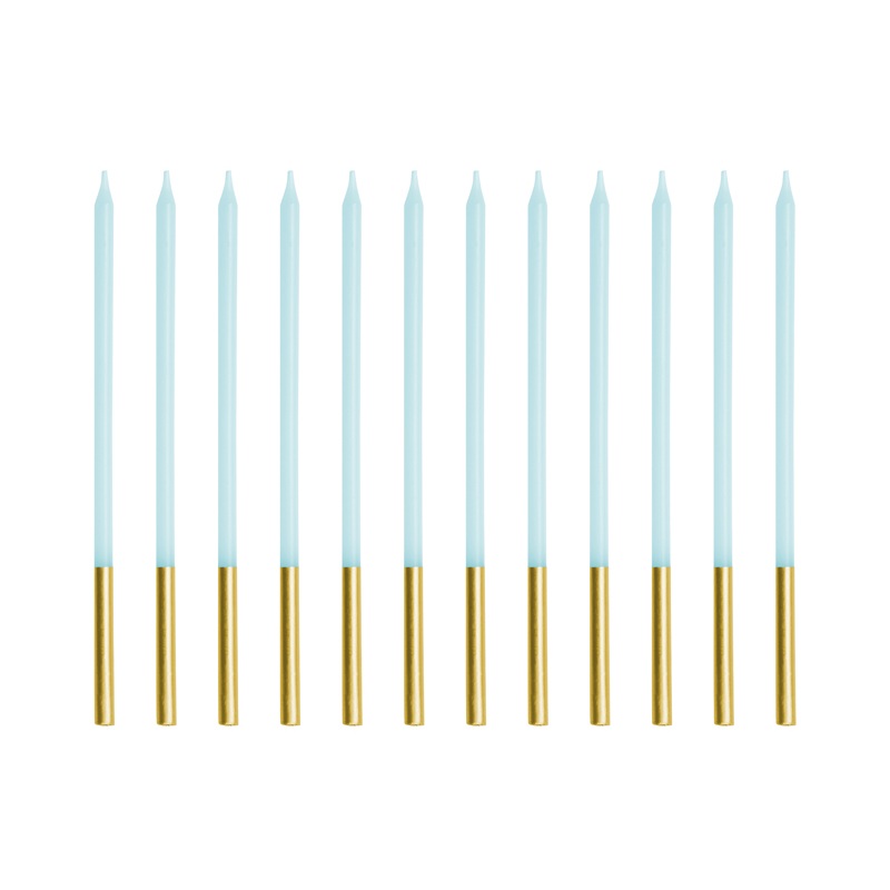 12 birthday candles in light blue-gold 14cm