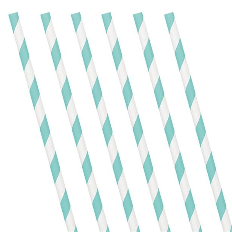 24 striped paper straws light blue