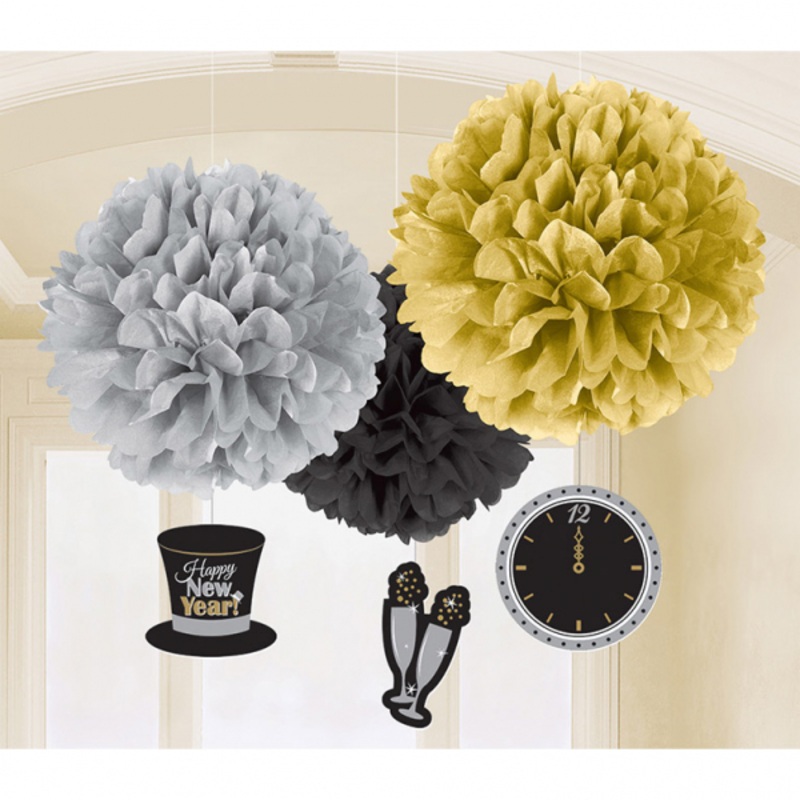 3 Sparkling New Year pompoms 57cm